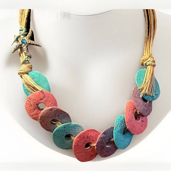 Virginia Parissi Designer Boho Colorful Disc Natural Material Cord Necklace 16” - Picture 1 of 6